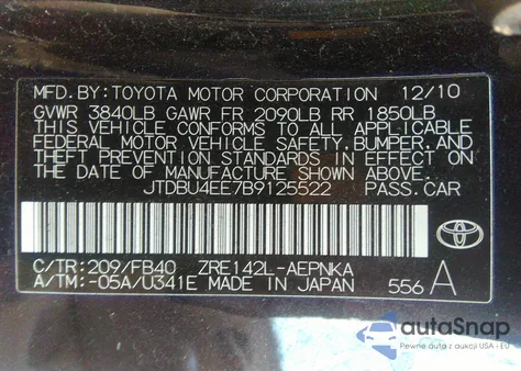 2011 Toyota Corolla Le из США, поврежденный, VIN JTDBU4EE7B9125522